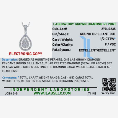 (F / Vs2) Womens 1/2 CT. T.W. Lab Grown White Diamond 14K Gold Pear 18 Inch Pendant Necklace
