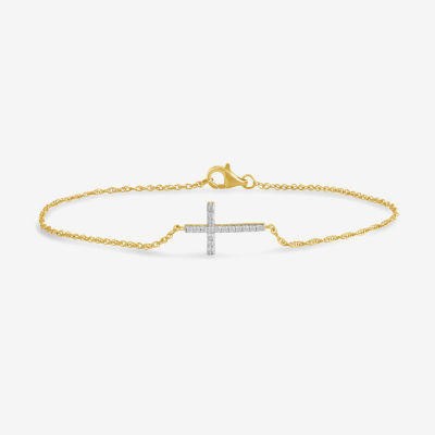 1/10 Ct. T.W. Sideways Cross Womens 10K Gold 7.25 Inch Rope Cross Chain Bracelet