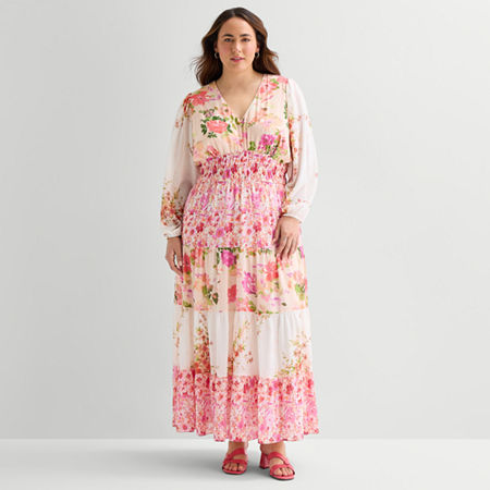 Melonie T Womens Plus V Neck Long Sleeve Balloon Maxi Dress