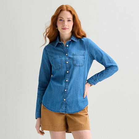St. John's Bay Womens Cuffed Long Sleeve Regular Fit Button-Down Shirt, Petite Small, Blue