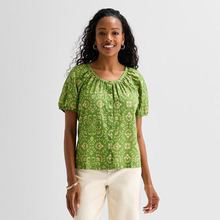 St. John's Bay Womens Short Sleeve Regular Fit Button-Down Shirt, X-large, Green