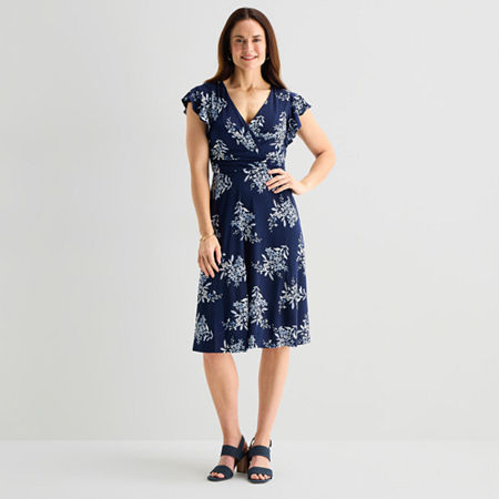 Jessica Howard Womens V Neck Short Sleeve Floral Fit + Flare Dress