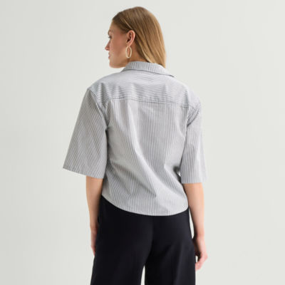 Worthington Womens Short Sleeve Regular Fit Poplin Button-Down Shirt