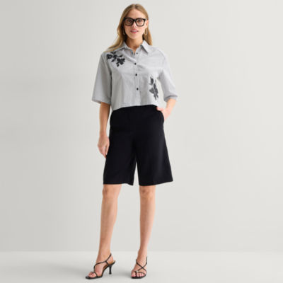 Worthington Womens Short Sleeve Regular Fit Poplin Button-Down Shirt