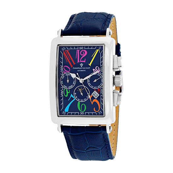 Christian Van Sant Mens Automatic Blue Leather Strap Watch Cv9133