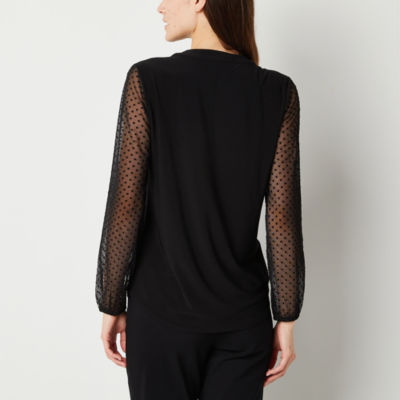 Black Label by Evan-Picone Womens Clip Dot Long Sleeve Blouse