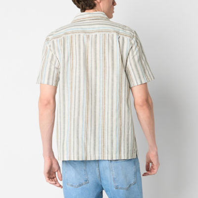 mutual weave Mens Linen Blend Short Sleeve Striped Camp Shirt