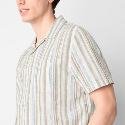 mutual weave Mens Linen Blend Short Sleeve Striped Camp Shirt