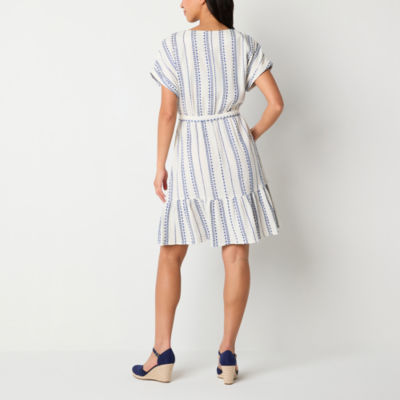 Ronni Nicole Womens Short Sleeve Embroidered Striped Fit + Flare Dress