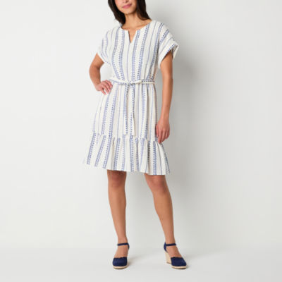 Ronni Nicole Short Sleeve Embroidered Striped Fit + Flare Dress