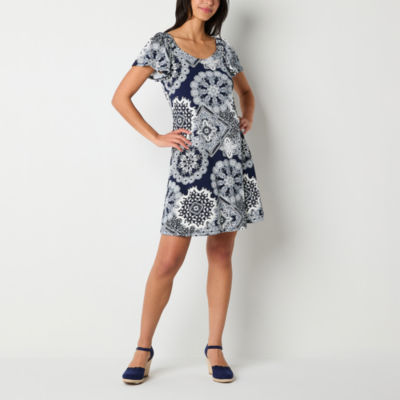 Robbie Bee Short Sleeve Puff Print Shift Dress, Color Navy White