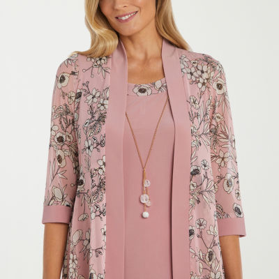 R & M Richards Womens Floral Jacket Dress With Removable Necklace Petite