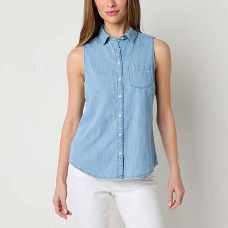 St. John's Bay Womens Sleeveless Regular Fit Button-Down Shirt