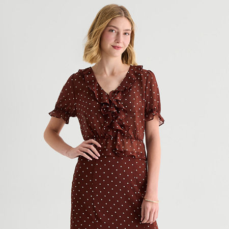 a.n.a Sheer Womens V Neck Short Sleeve Blouse