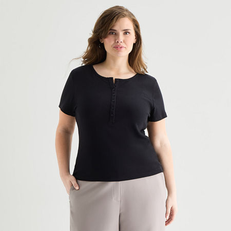 a.n.a Womens Plus Short Sleeve Slim Fit Henley Shirt, 0x, Black