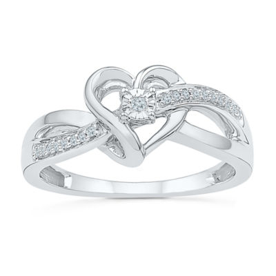 Womens Diamond Accent Natural White Diamond Sterling Silver Heart Crossover Cocktail Ring