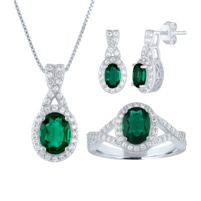 Lab Created Green Emerald Sterling Silver Jewelry Set