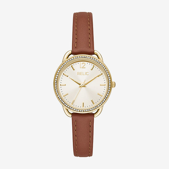 Relic By Fossil Womens Crystal Accent Brown Leather Strap Watch Zr34636