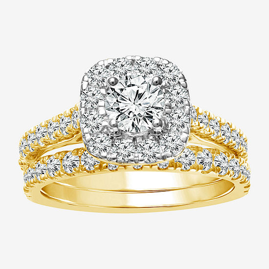 Womens 2 CT. T.W. Genuine White Diamond 10K Gold Cushion Side Stone Halo Bridal Set