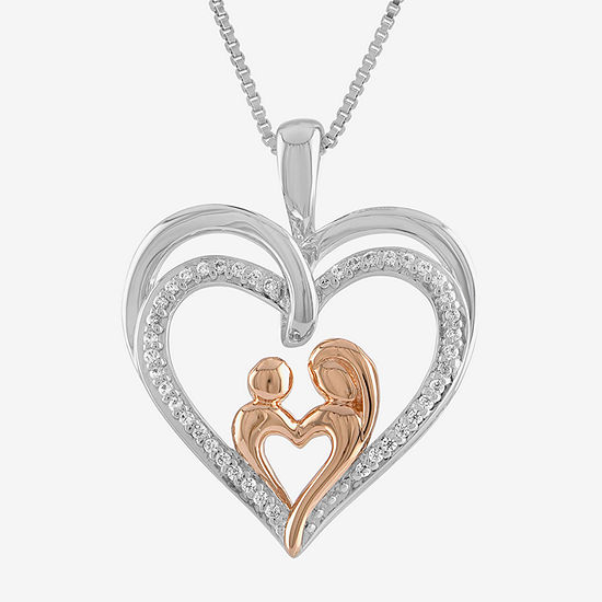 "Mother And Daughter" Womens 1/10 CT. T.W. Genuine White Diamond 14K Rose Gold Over Silver Sterling Silver Heart Pendant Necklace