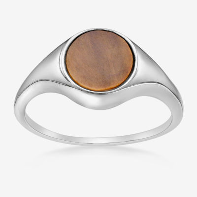 Womens Genuine Brown Tiger's Eye Sterling Silver Round Cocktail Ring