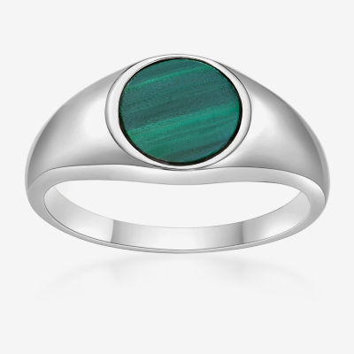 Womens Genuine Green Malachite Sterling Silver Round Cocktail Ring
