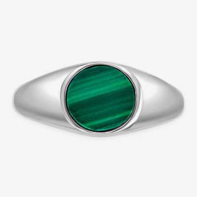 Womens Genuine Green Malachite Sterling Silver Round Cocktail Ring