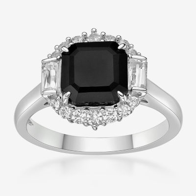 Womens Genuine Black Onyx Sterling Silver Cushion Cocktail Ring