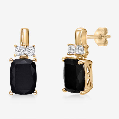 Womens Genuine Black Onyx 10K Gold Cushion Drop Earrings