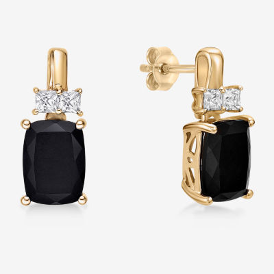 Genuine Black Onyx 10K Gold Cushion Drop Earrings