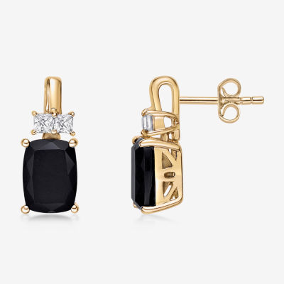 Womens Genuine Black Onyx 10K Gold Cushion Drop Earrings