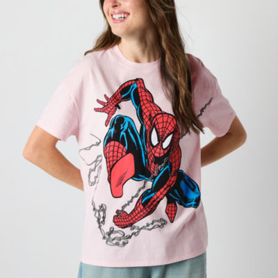 Womens Juniors Crew Neck Short Sleeve Regular Fit Spiderman Graphic T-Shirt