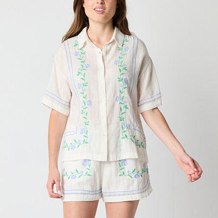 Arizona Womens Short Sleeve Camp Shirt Juniors, Xx-large, Blue