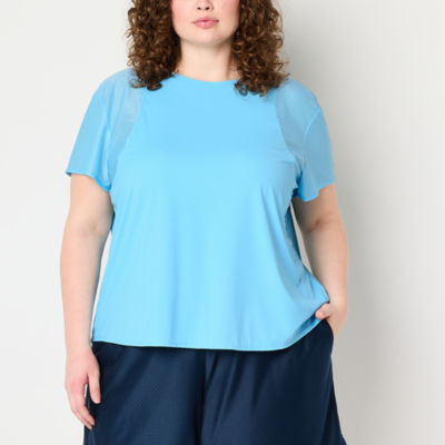 Xersion Womens Mesh Round Neck Short Sleeve T-Shirt Plus