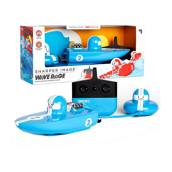Sharper Image RC Wave Rage, Wireless Rechargeable Bumper Boat with Tow Rider - Blue