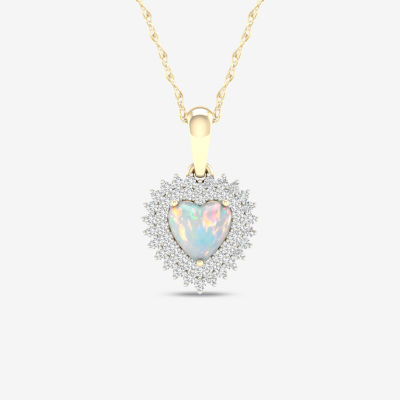 Womens Genuine Opal & 1/ CT. T.W. Genuine Diamond 10K Gold Heart Pendant Necklace