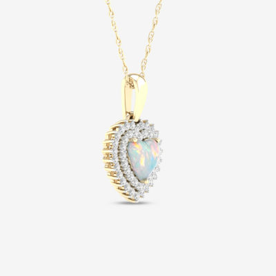 Womens Genuine Opal & 1/ CT. T.W. Genuine Diamond 10K Gold Heart Pendant Necklace