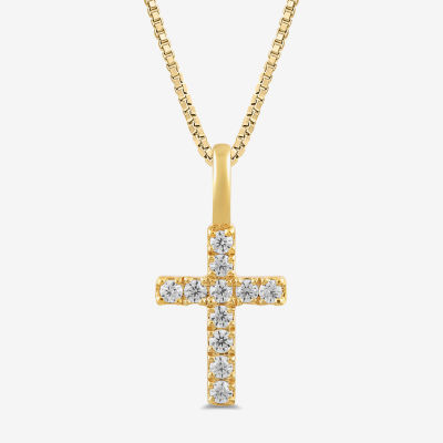 Womens 1/10 CT. T.W. Lab Grown White Diamond 10K Gold Cross 18 Inch Pendant Necklace