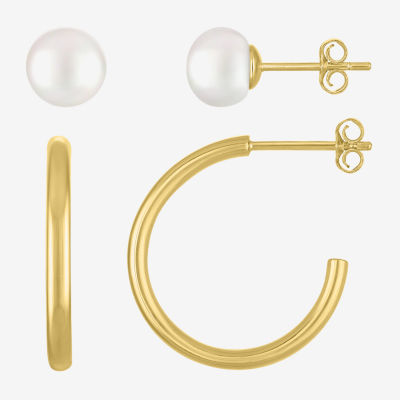 Yes, Please! White Cultured Freshwater Pearl 14K Gold Over Silver Round 2 Pair Earring Set