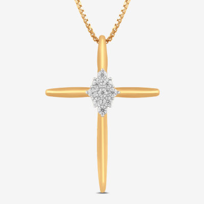 Diamond Blossom Womens 1/10 CT. T.W. Lab Grown White Diamond 14K Gold Over Silver Cross Pendant Necklace