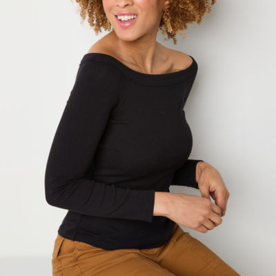 a.n.a Womens Long Sleeve Off the Shoulder Ribbed Top