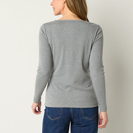 St. John's Bay Womens Crew Neck Long Sleeve T-Shirt, Petite X-large, Gray