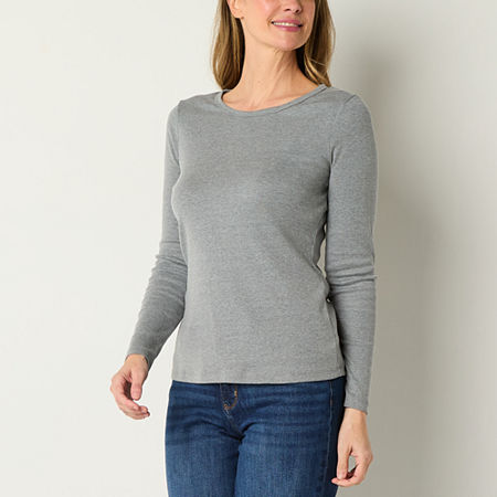 St. John's Bay Womens Crew Neck Long Sleeve T-Shirt, Petite X-large, Gray