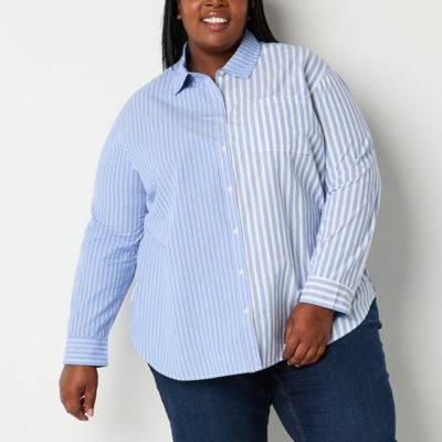 St. John's Bay Plus Womens Long Sleeve Relaxed Fit Button-Down Shirt