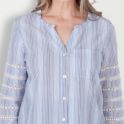 Alfred Dunner Blue Bayou Womens Split Crew Neck 3/4 Sleeve Blouse