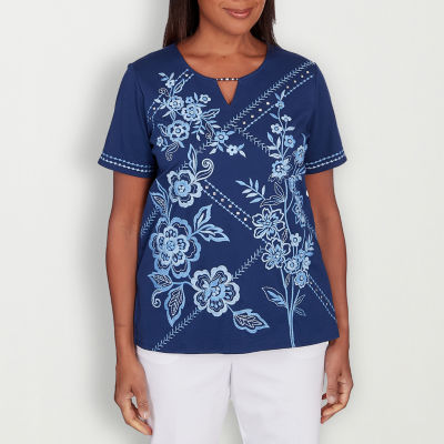 Alfred Dunner Blue Bayou Womens Keyhole Neck Short Sleeve T-Shirt