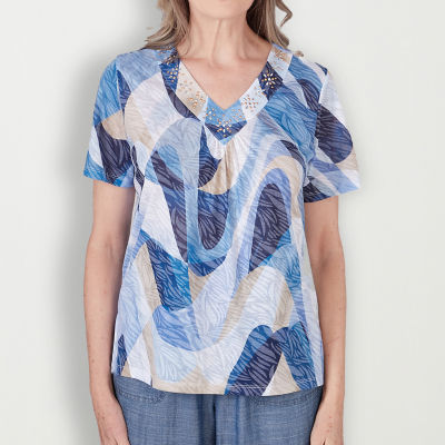 Alfred Dunner Blue Bayou Womens V Neck Short Sleeve T-Shirt