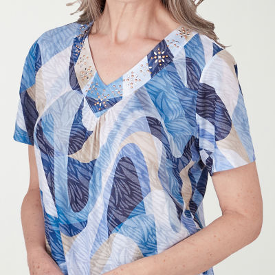 Alfred Dunner Blue Bayou Womens V Neck Short Sleeve T-Shirt