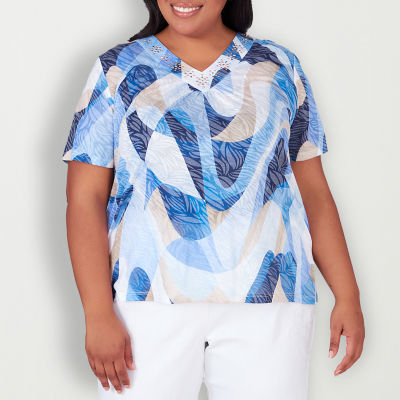 Alfred Dunner Blue Bayou Womens Plus V Neck Short Sleeve T-Shirt