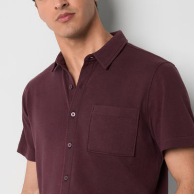 Stylus Mens Regular Fit Short Sleeve Textured Knit Button-Down Shirt